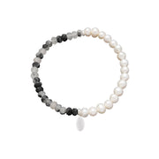 Sterling silver S925 stretch bracelet with freshwater pearl and faceted black rutilated quartz crystal bead half-and-half design.