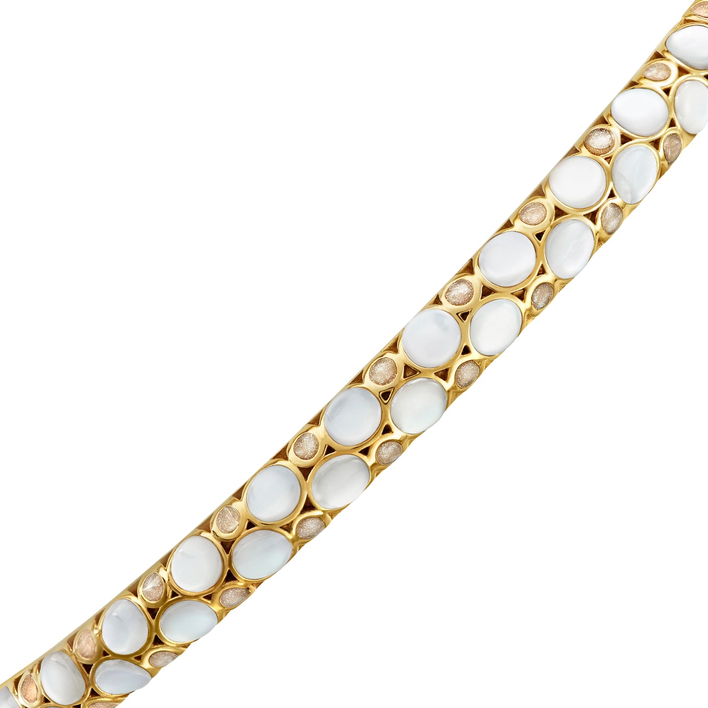 Gold vermeil white mother-of-pearl and champagne glitter bubble bangle bracelet close-up showing iridescent MOP and glitter cabochon pattern on polished gold vermeil bangle by Jan Leslie