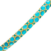 Gold vermeil turquoise and teal bubble enamel bangle bracelet angled close-up showing full bubble enamel detail and polished gold inner surface by Jan Leslie
