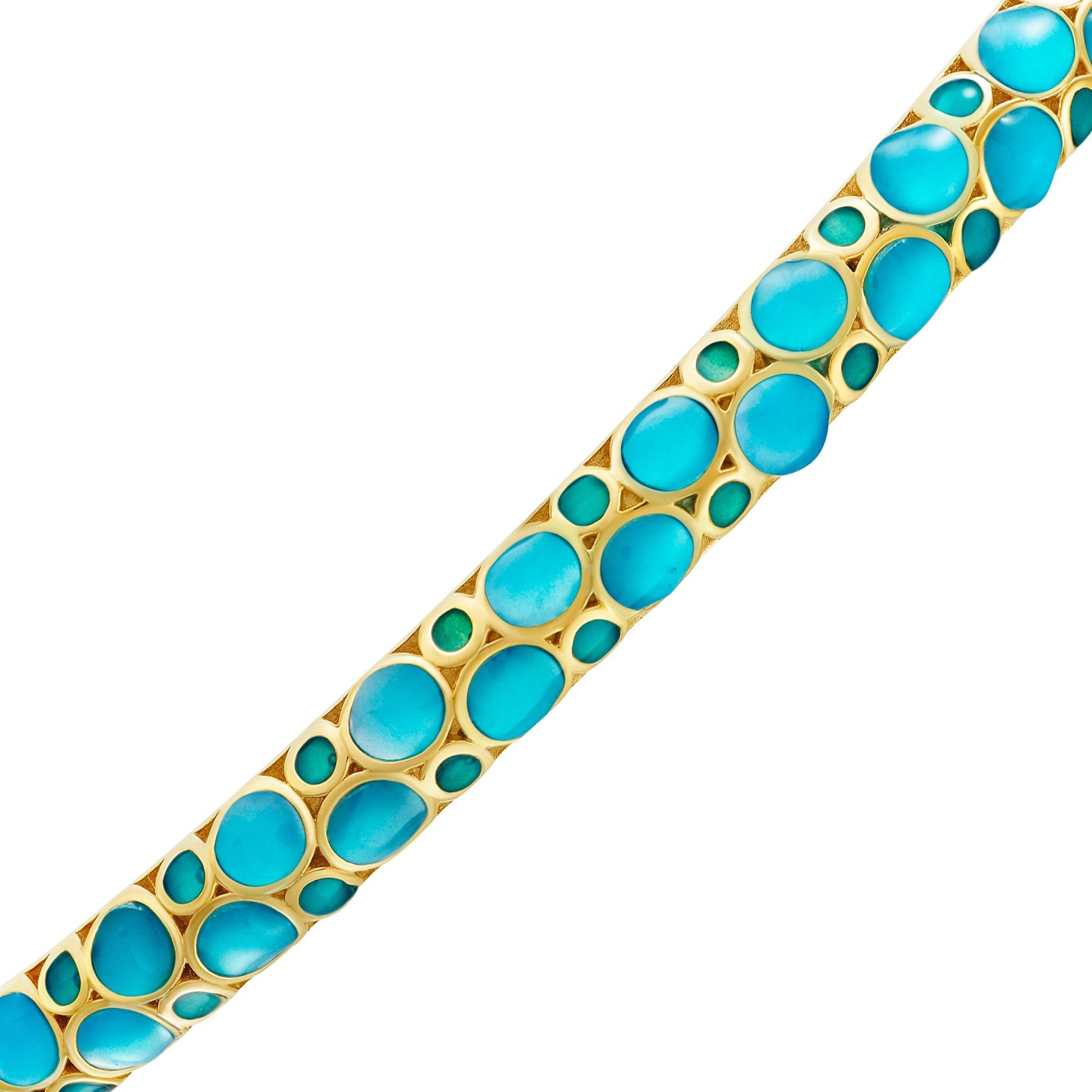Gold vermeil turquoise and teal bubble enamel bangle bracelet angled close-up showing full bubble enamel detail and polished gold inner surface by Jan Leslie