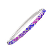 Sterling silver blue purple ombre bubble enamel hinged bangle bracelet full silhouette showing bubble enamel outer surface hinge and safety clasp by Jan Leslie
