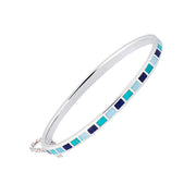 Sterling Silver Multi-Blue Enamel Mosaic Bangle Bracelet with Safety Chain | Jan Leslie.