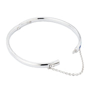Sterling silver multi-blue enamel mosaic bangle bracelet interior showing 925 hallmark hinge clasp and safety chain by Jan Leslie.