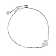 White mother-of-pearl heart station sterling silver bracelet with adjustable lobster clasp — Jan Leslie