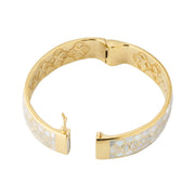 18K gold vermeil white mother-of-pearl petal Seed of Life hinged cuff bangle rear view showing piano hinge mechanism box clasp with figure-8 safety catch and engraved inner barrel with Jan Leslie signature by Jan Leslie