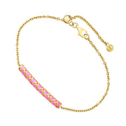  Gold vermeil pink bubble enamel bar bracelet full silhouette showing adjustable rolo chain lobster clasp and Jan Leslie charm drop by Jan Leslie