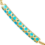 Gold vermeil turquoise and teal bubble enamel bar bracelet angled close-up showing full bubble enamel detail by Jan Leslie