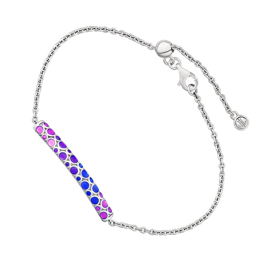 Sterling silver blue purple ombre bubble enamel bar bracelet full silhouette showing adjustable cable chain lobster clasp by Jan Leslie