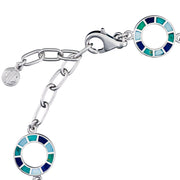  Sterling silver multi-blue enamel mosaic open circle bracelet showing adjustable lobster clasp and Jan Leslie charm.