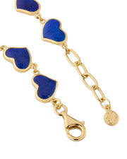 Detail view of blue lapis bezel heart link gold bracelet — Jan Leslie