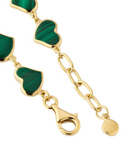 Detail view of green malachite bezel heart link gold bracelet — Jan Leslie