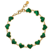 Green malachite heart link gold bracelet showing lobster clasp and extender chain — Jan Leslie