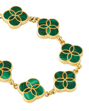 18K gold vermeil malachite petal Seed of Life station bracelet alternate close-up showing Seed of Life gold lattice over deep forest green malachite with vivid emerald banding and polished gold jump ring connections by Jan Leslie