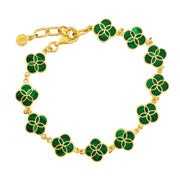 18K gold vermeil malachite petal Seed of Life station bracelet lifestyle flat view showing continuous deep forest green malachite quatrefoil stations with Seed of Life gold lattice and Jan Leslie disc tag by Jan Leslie