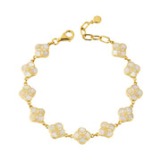  gold vermeil sterling silver multi-station white mother of pearl floral lattice quatrefoil bracelet showing iridescent shell inlay petal stations, rolo chain links, and gold lobster clasp with paperclip extender, Jan Leslie 