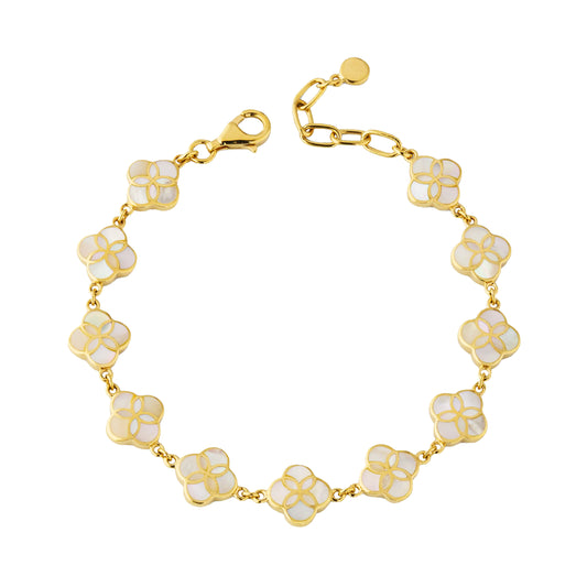  gold vermeil sterling silver multi-station white mother of pearl floral lattice quatrefoil bracelet showing iridescent shell inlay petal stations, rolo chain links, and gold lobster clasp with paperclip extender, Jan Leslie 