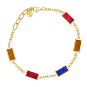 Gold vermeil five-station bracelet with carnelian, lapis lazuli, and tiger's eye rectangular gemstone bezels by Jan Leslie.