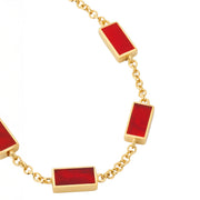 Close-up of gold vermeil bezel-set carnelian rectangle stations on rolo chain bracelet by Jan Leslie.