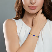 Model wearing gold vermeil five-station lapis lazuli rectangle bracelet  by Jan Leslie.