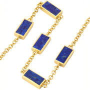  Gold vermeil five-station lapis lazuli rectangle bracelet detail showing bezel settings and rolo chain links by Jan Leslie.