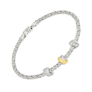 Sterling silver rope-textured bracelet with diamond-accented station knots, a polished gold bead accent, and a lobster clasp closure.