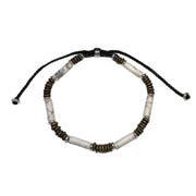 Adjustable black cord bracelet with green and pink unakite jasper tube beads and oxidized silver disc spacers, luxury bohemian men's gemstone jewelry.