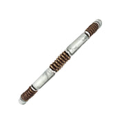 Men's white howlite tube bead and bronze disc heishi bar bracelet with silver accent rings.