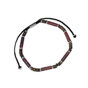 Adjustable black cord bracelet with dark red jasper tube beads and oxidized silver disc spacers, luxury bohemian men's gemstone jewelry.