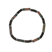 Men's stretch bracelet with unakite tube beads, dark hematite disc heishi beads, and silver accent rings.