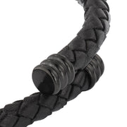 Black Braided Leather Cuff Bracelet with Matte Black Clasp