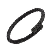 Black Braided Leather Cuff Bracelet with Matte Black Clasp