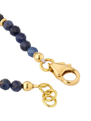  Blue sapphire faceted round bead bracelet close-up showing gold vermeil lobster clasp Jan Leslie micro charm tag and three-ring extender chain by Jan Leslie