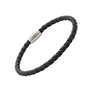 Black braided leather bracelet with silver magnetic clasp