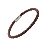 Brown braided leather bracelet with a silver clasp 
