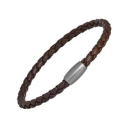 Dark brown braided leather bracelet with brushed silver cylindrical magnetic clasp