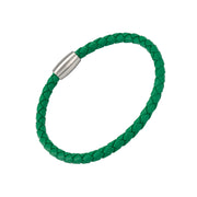 Green braided leather bracelet with silver magnetic clasp