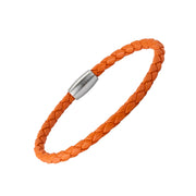 Orange braided leather bracelet with silver magnetic clasp