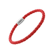 Red braided leather bracelet with silver magnetic clasp
