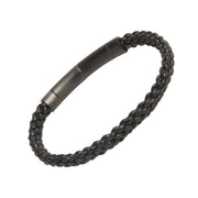 Double-strand black braided leather bracelet with gunmetal magnetic bar clasp closure, luxury men's leather jewelry.