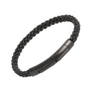 Double-strand black braided leather bracelet with matte gunmetal magnetic bar clasp closure.