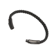 Open view of double-strand black braided leather bracelet showing gunmetal bayonet twist-lock clasp ends, luxury men's leather jewelry.