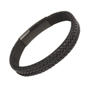 Wide flat-weave black leather bracelet with a matte black stainless steel magnetic clasp.