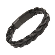 Chunky twisted black leather bracelet with a matte black stainless steel magnetic clasp.