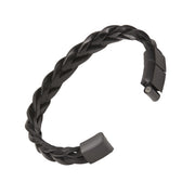 Twisted black leather cuff bracelet with matte black magnetic end caps.