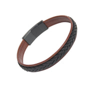 Brown leather flat cuff bracelet with black braided center stripe and gunmetal magnetic clasp closure, luxury men's leather jewelry.