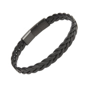 Wide black braided leather cuff bracelet with chunky herringbone weave pattern and matte gunmetal rectangular magnetic clasp.