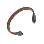 Open view of wide brown leather cuff bracelet with center braid detail showing gunmetal flat magnetic clasp ends, luxury men's leather jewelry.