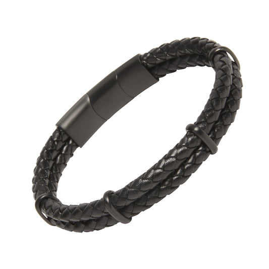 Double Braid Leather Bracelet with Stainless Accents