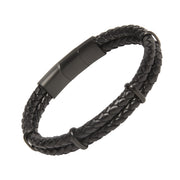 Double-strand braided black leather bracelet with a matte black stainless steel magnetic clasp.