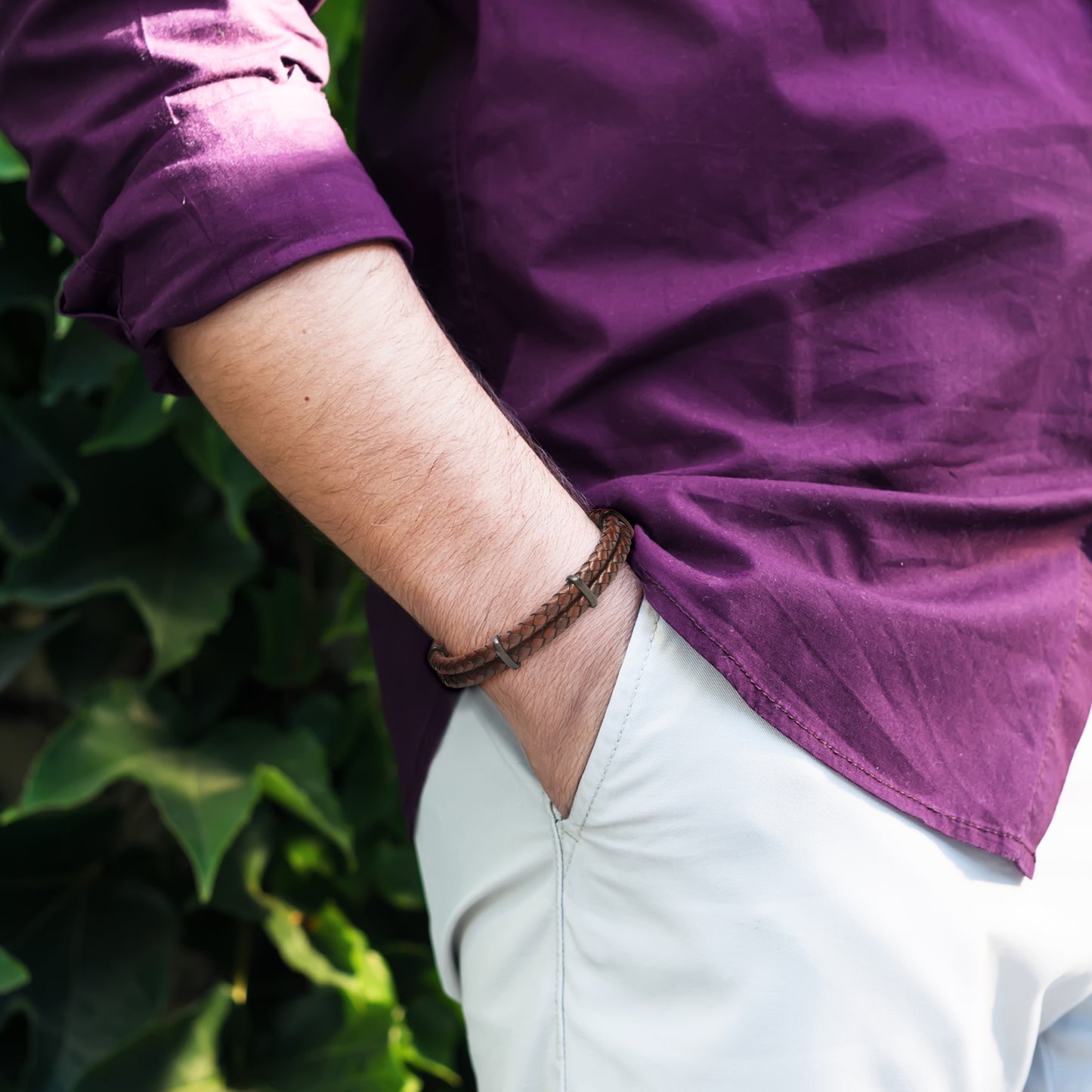 Double Braid Leather Bracelet with Stainless Accents